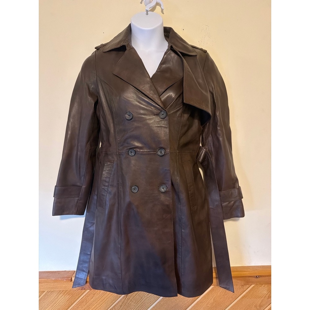 Bod & Christensen Brown Leather Trench Coat Women's L Belted Double Breasted